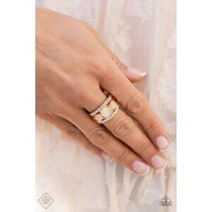 Gold Band Ring With Rhinestones & Cream Beads Adjustable Fit Paparazzi Jewelry